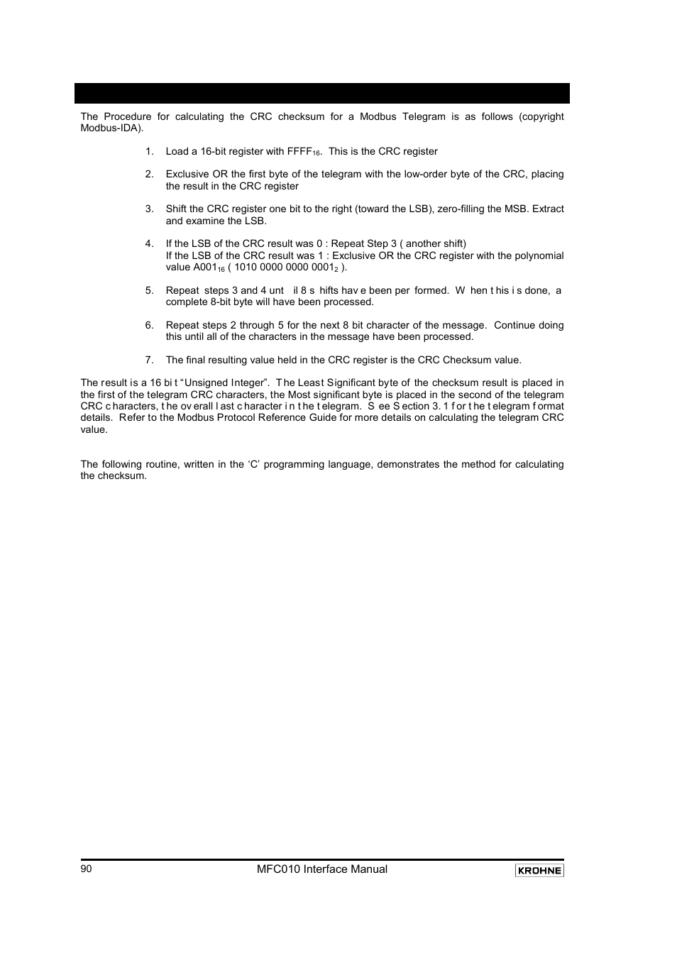 Appendix a : modbus crc checksum calculation | KROHNE MFC 010 C Converter User Manual | Page 92 / 104