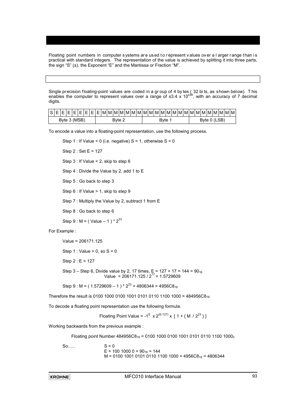 Appendix c : decoding floating point numbers, Single precision floating point numbers (“floats”) | KROHNE MFC 010 C Converter User Manual | Page 95 / 104