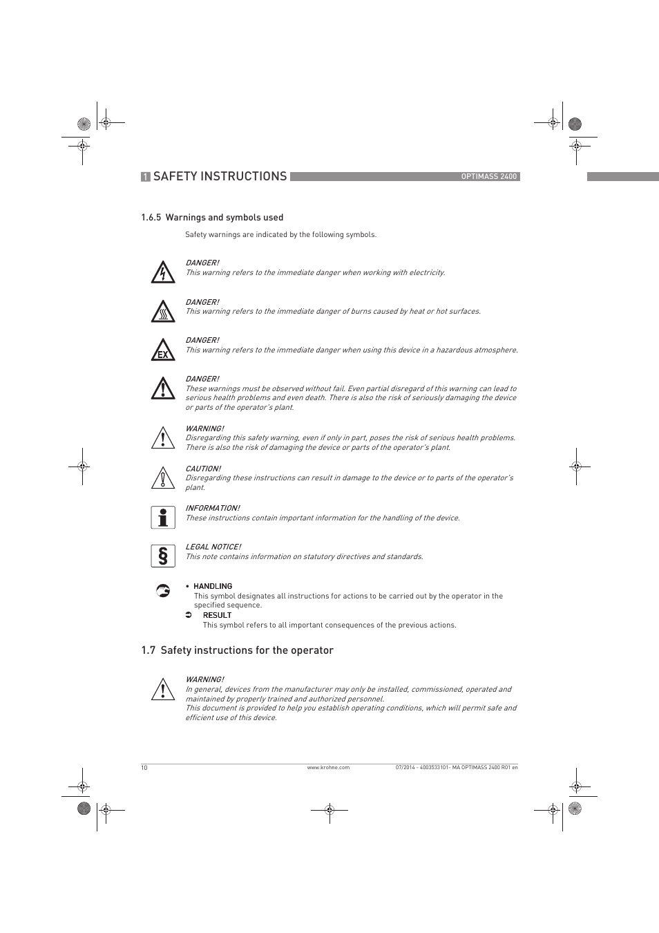 Safety instructions, 7 safety instructions for the operator | KROHNE OPTIMASS 2400 User Manual | Page 10 / 52