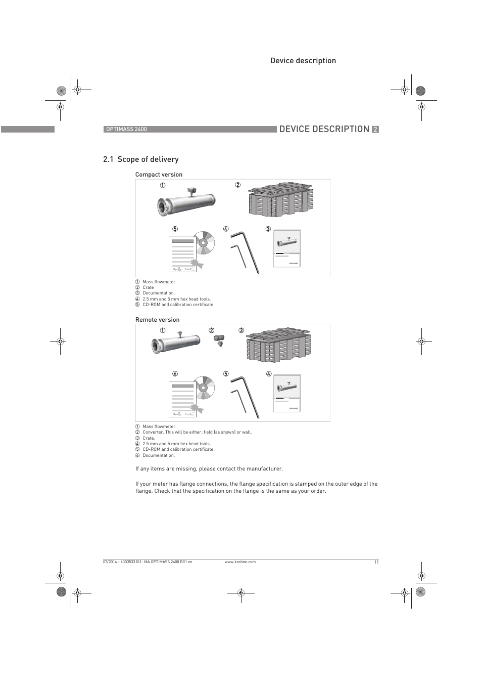 Device description, Device description 2.1 scope of delivery | KROHNE OPTIMASS 2400 User Manual | Page 11 / 52