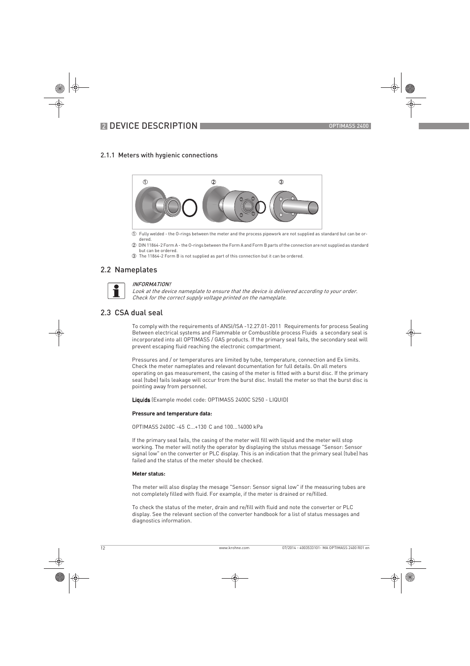 Device description, 2 nameplates 2.3 csa dual seal | KROHNE OPTIMASS 2400 User Manual | Page 12 / 52