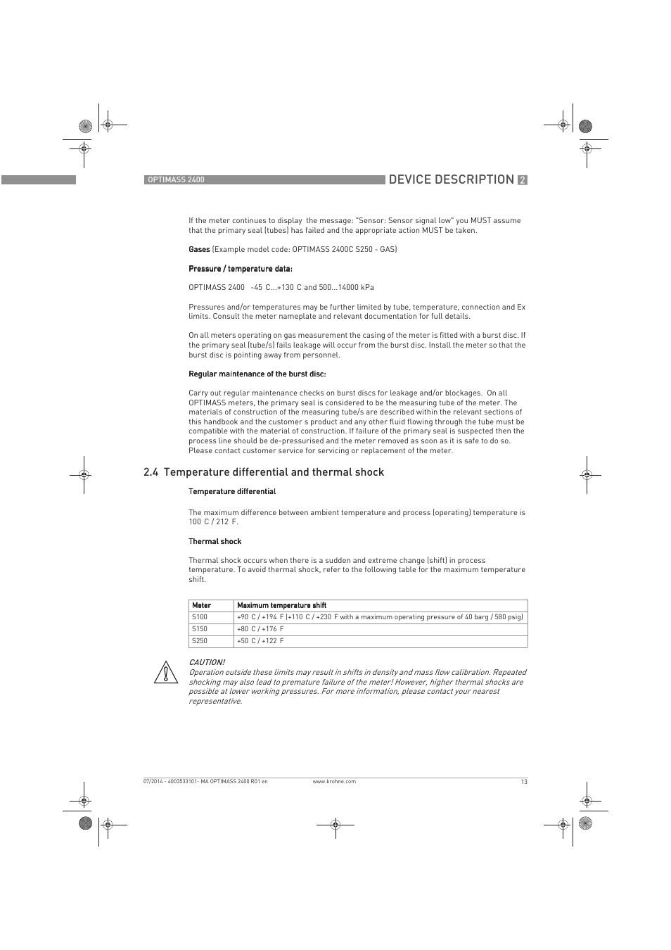 Device description, 4 temperature differential and thermal shock | KROHNE OPTIMASS 2400 User Manual | Page 13 / 52