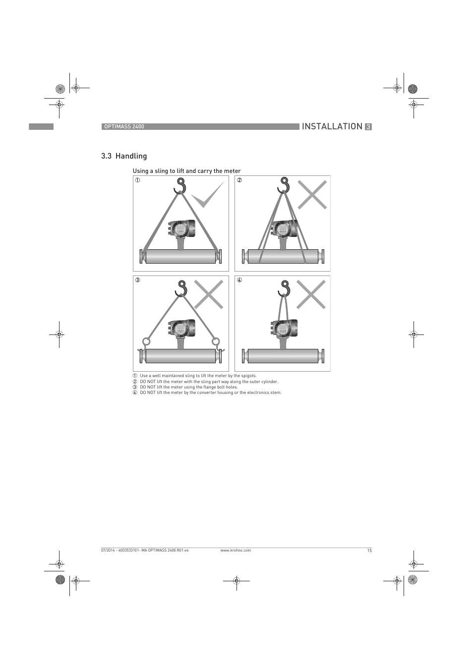 Installation, 3 handling | KROHNE OPTIMASS 2400 User Manual | Page 15 / 52
