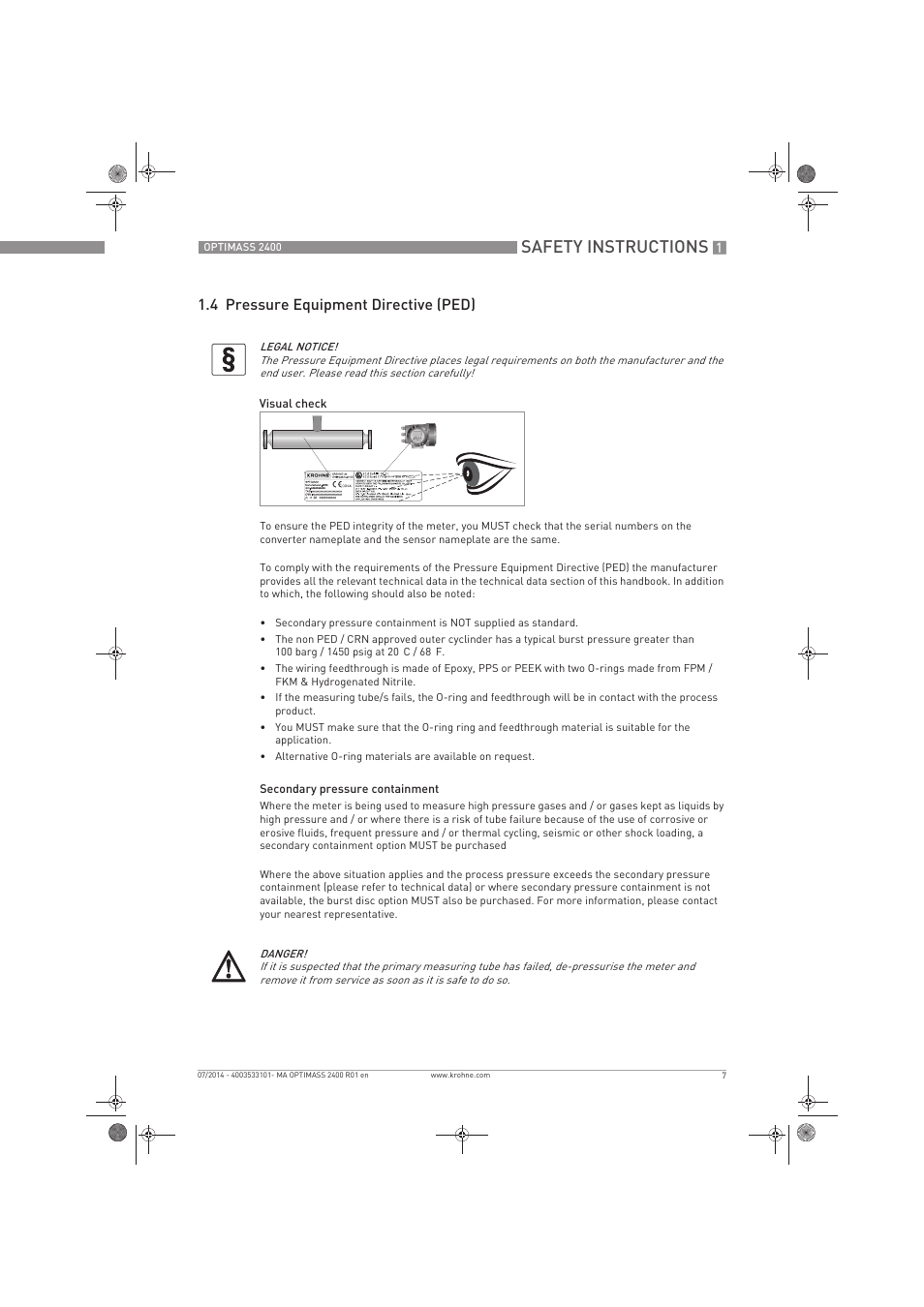 Safety instructions, 4 pressure equipment directive (ped) | KROHNE OPTIMASS 2400 User Manual | Page 7 / 52