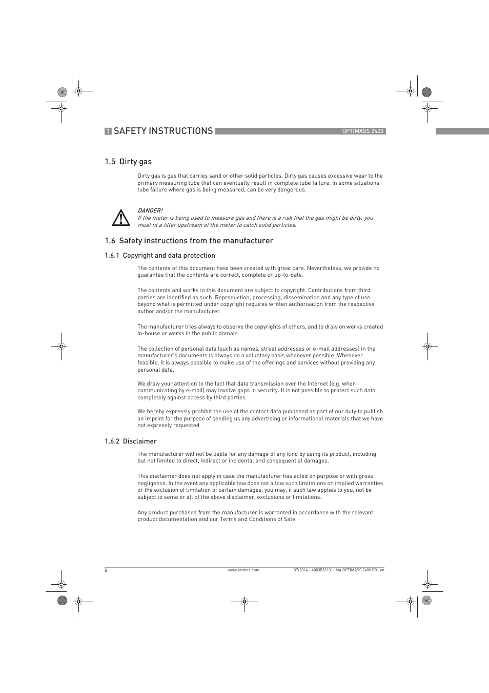 Safety instructions, 5 dirty gas, 6 safety instructions from the manufacturer | KROHNE OPTIMASS 2400 User Manual | Page 8 / 52