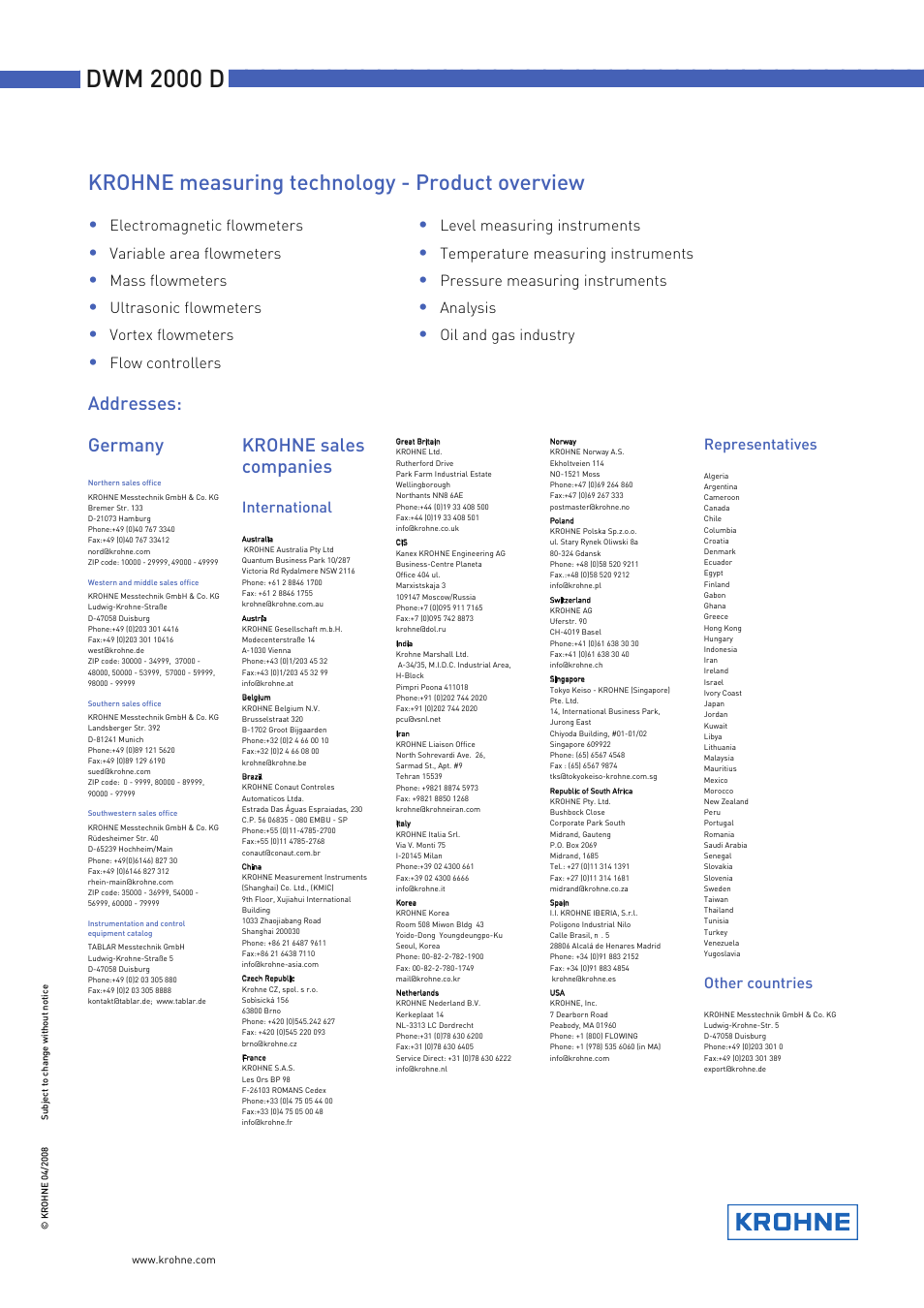 Krohne measuring technology - product overview, Addresses: germany, Krohne sales companies | KROHNE DWM 2000 LCD User Manual | Page 12 / 12