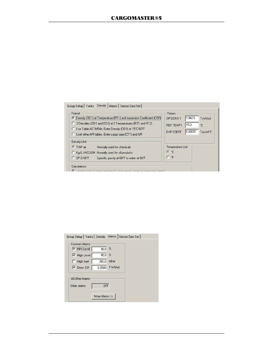 Density settings, Alarm settings | KROHNE CARGOMASTER User Manual | Page 19 / 76