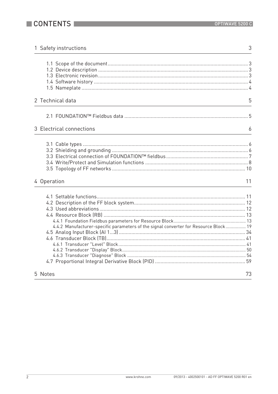 KROHNE OPTIWAVE 5200 FOUNDATION FIELDBUS User Manual | Page 2 / 76