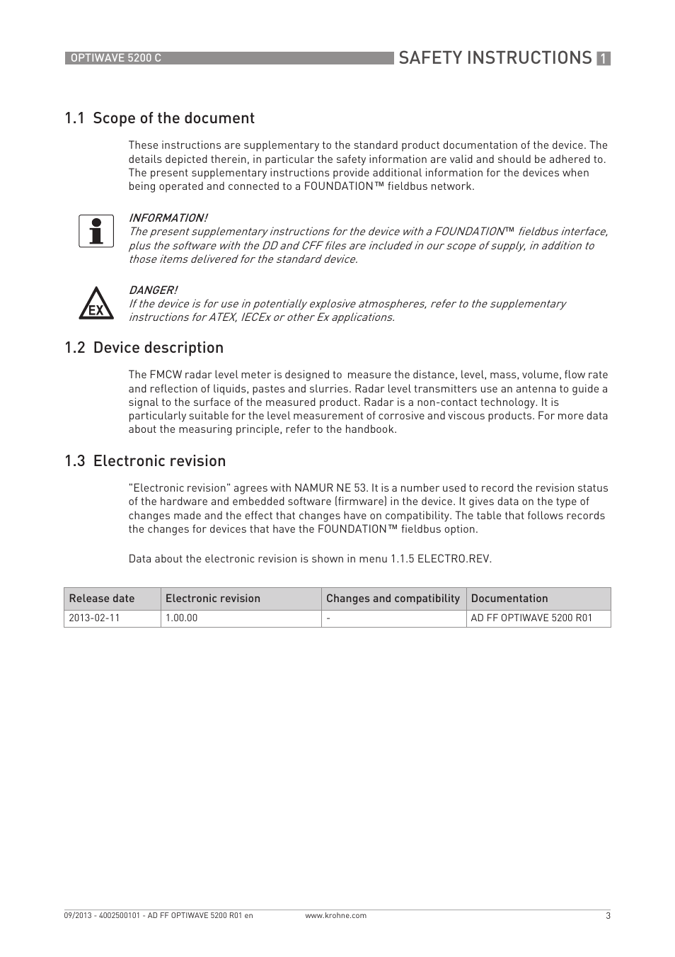 Safety instructions, 1 scope of the document, 2 device description | 3 electronic revision | KROHNE OPTIWAVE 5200 FOUNDATION FIELDBUS User Manual | Page 3 / 76