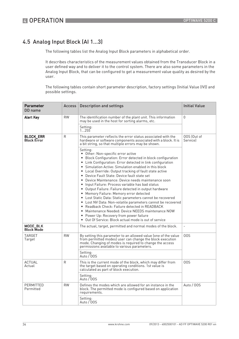 Operation, 5 analog input block (ai 1 ) | KROHNE OPTIWAVE 5200 FOUNDATION FIELDBUS User Manual | Page 34 / 76
