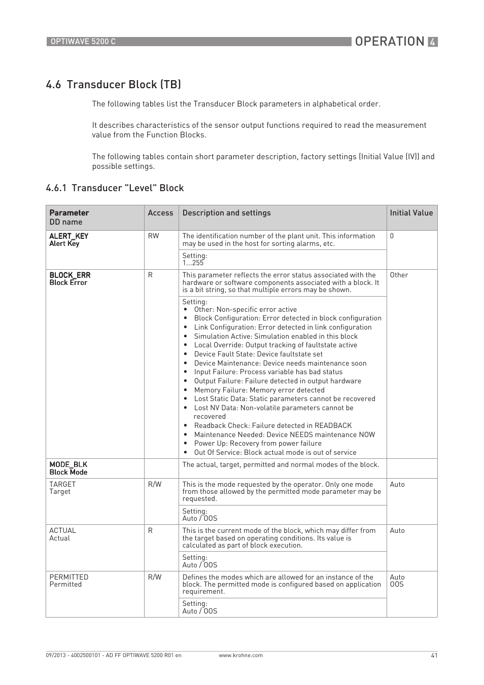 Operation, 6 transducer block (tb), 1 transducer "level" block | KROHNE OPTIWAVE 5200 FOUNDATION FIELDBUS User Manual | Page 41 / 76