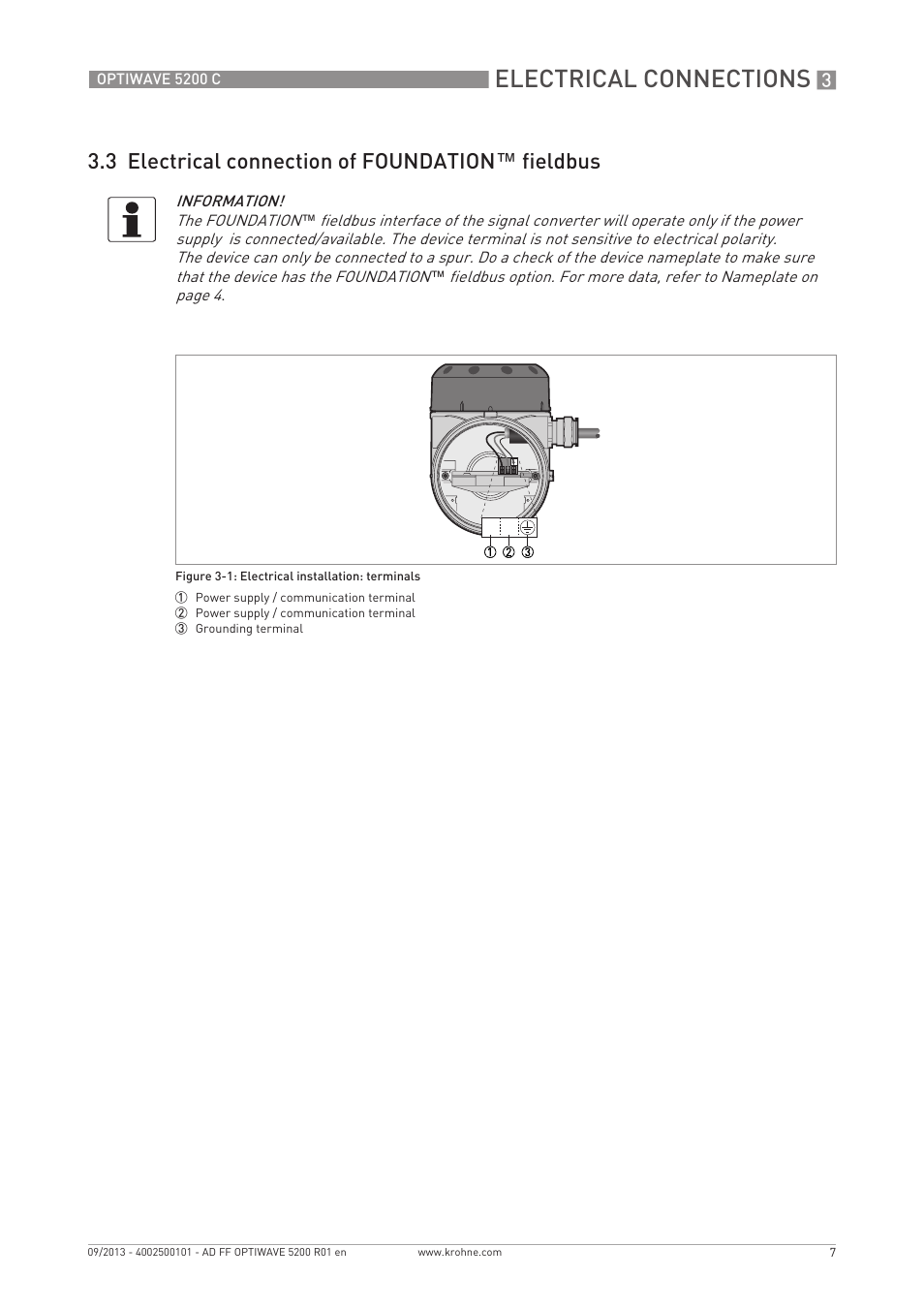 Electrical connections, 3 electrical connection of foundation™ fieldbus | KROHNE OPTIWAVE 5200 FOUNDATION FIELDBUS User Manual | Page 7 / 76