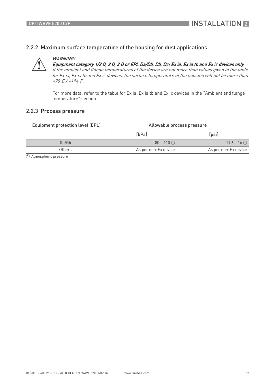 Installation, 3 process pressure | KROHNE OPTIWAVE 5200 IECEx User Manual | Page 19 / 36