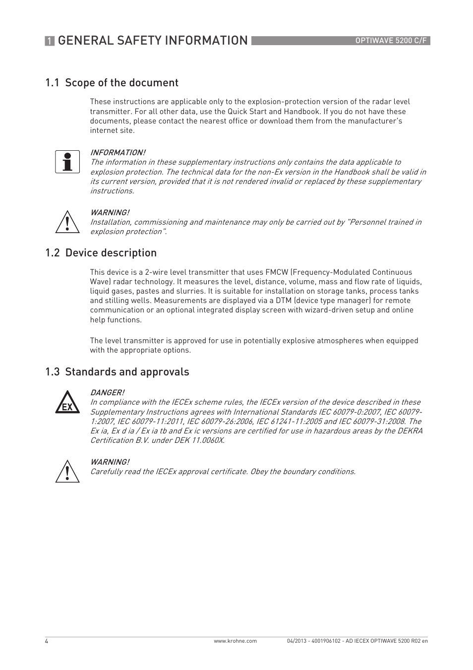 General safety information, 1 scope of the document, 2 device description | 3 standards and approvals | KROHNE OPTIWAVE 5200 IECEx User Manual | Page 4 / 36