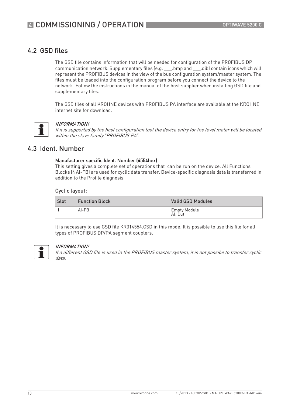 Commissioning / operation, 2 gsd files, 3 ident. number | KROHNE OPTIWAVE 5200 PROFIBUS User Manual | Page 10 / 24