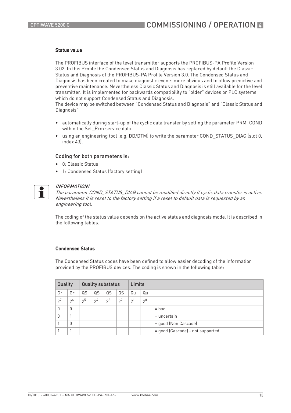Commissioning / operation | KROHNE OPTIWAVE 5200 PROFIBUS User Manual | Page 13 / 24