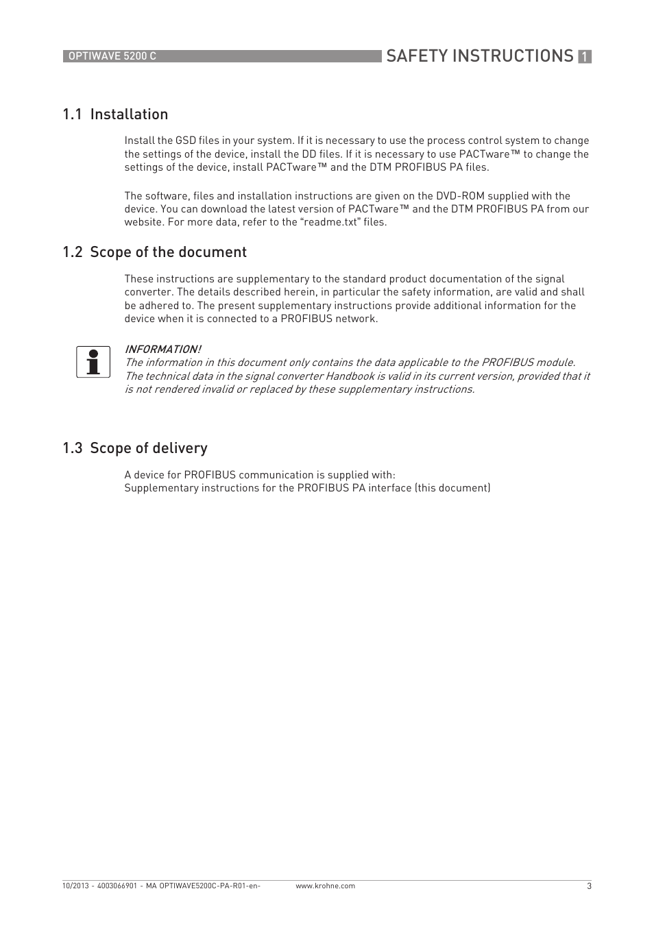Safety instructions, 1 installation, 2 scope of the document | 3 scope of delivery | KROHNE OPTIWAVE 5200 PROFIBUS User Manual | Page 3 / 24