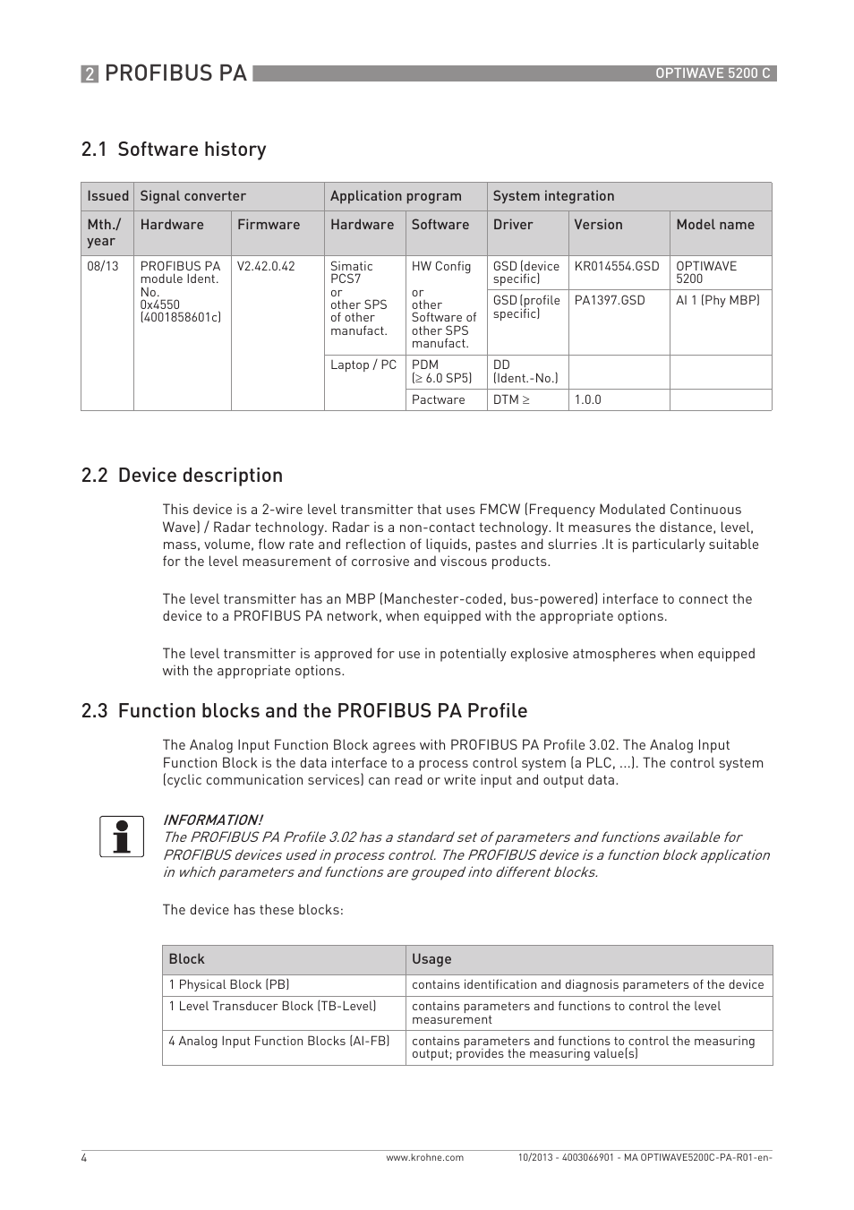 Profibus pa, 1 software history 2.2 device description, 3 function blocks and the profibus pa profile | KROHNE OPTIWAVE 5200 PROFIBUS User Manual | Page 4 / 24