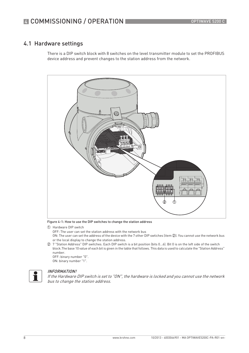 Commissioning / operation, 1 hardware settings | KROHNE OPTIWAVE 5200 PROFIBUS User Manual | Page 8 / 24