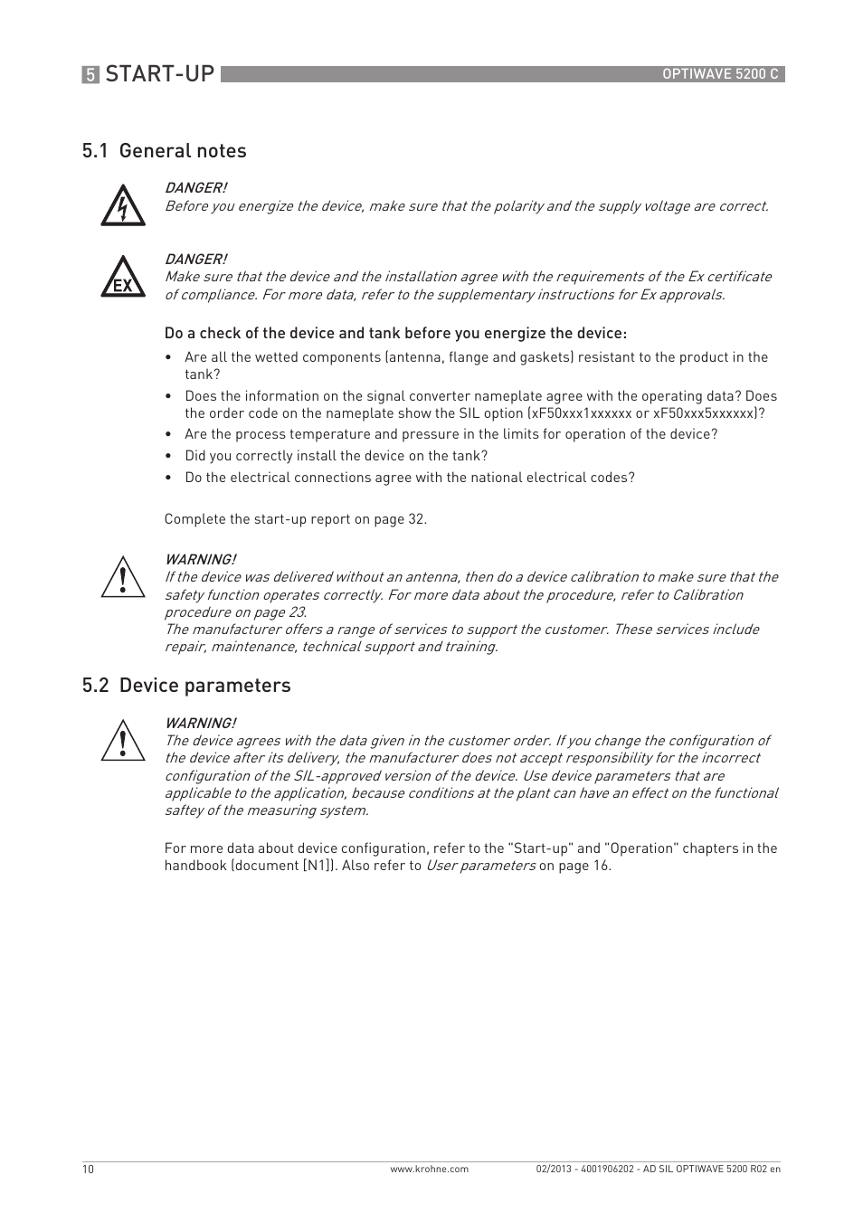 Start-up, 2 device parameters | KROHNE OPTIWAVE 5200C SIL User Manual | Page 10 / 36