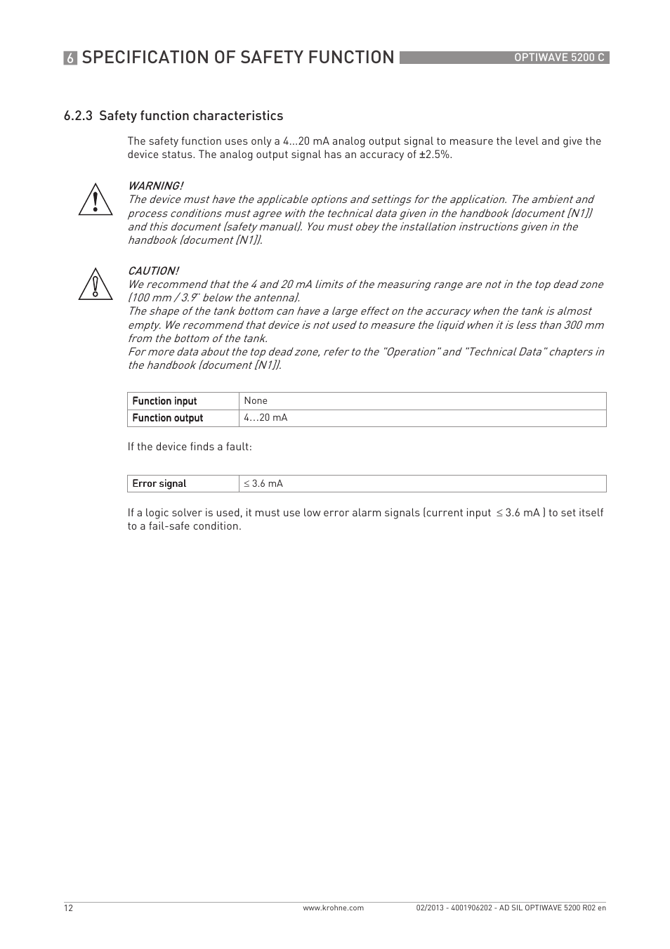 Specification of safety function, 3 safety function characteristics | KROHNE OPTIWAVE 5200C SIL User Manual | Page 12 / 36