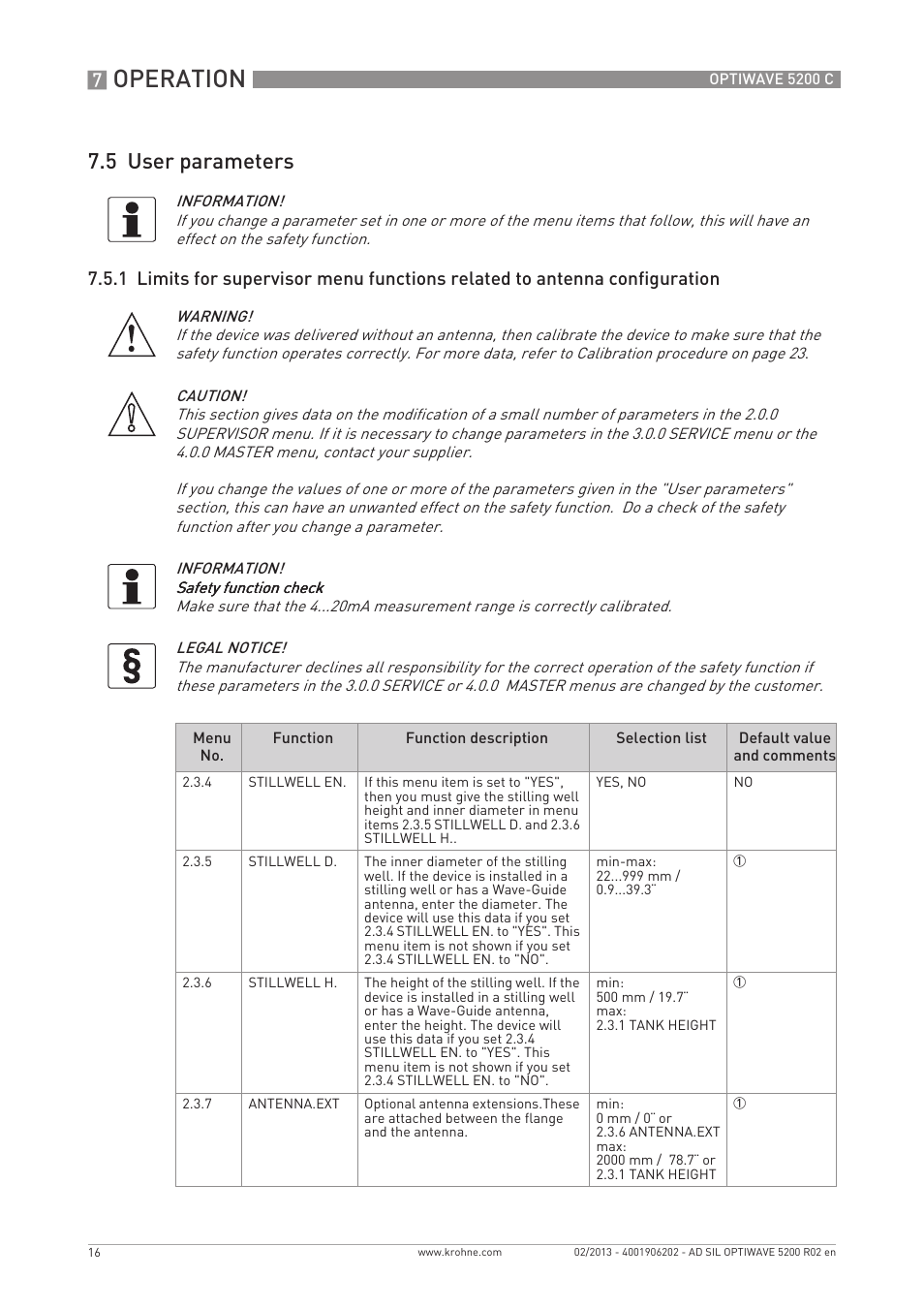 Operation, 5 user parameters | KROHNE OPTIWAVE 5200C SIL User Manual | Page 16 / 36