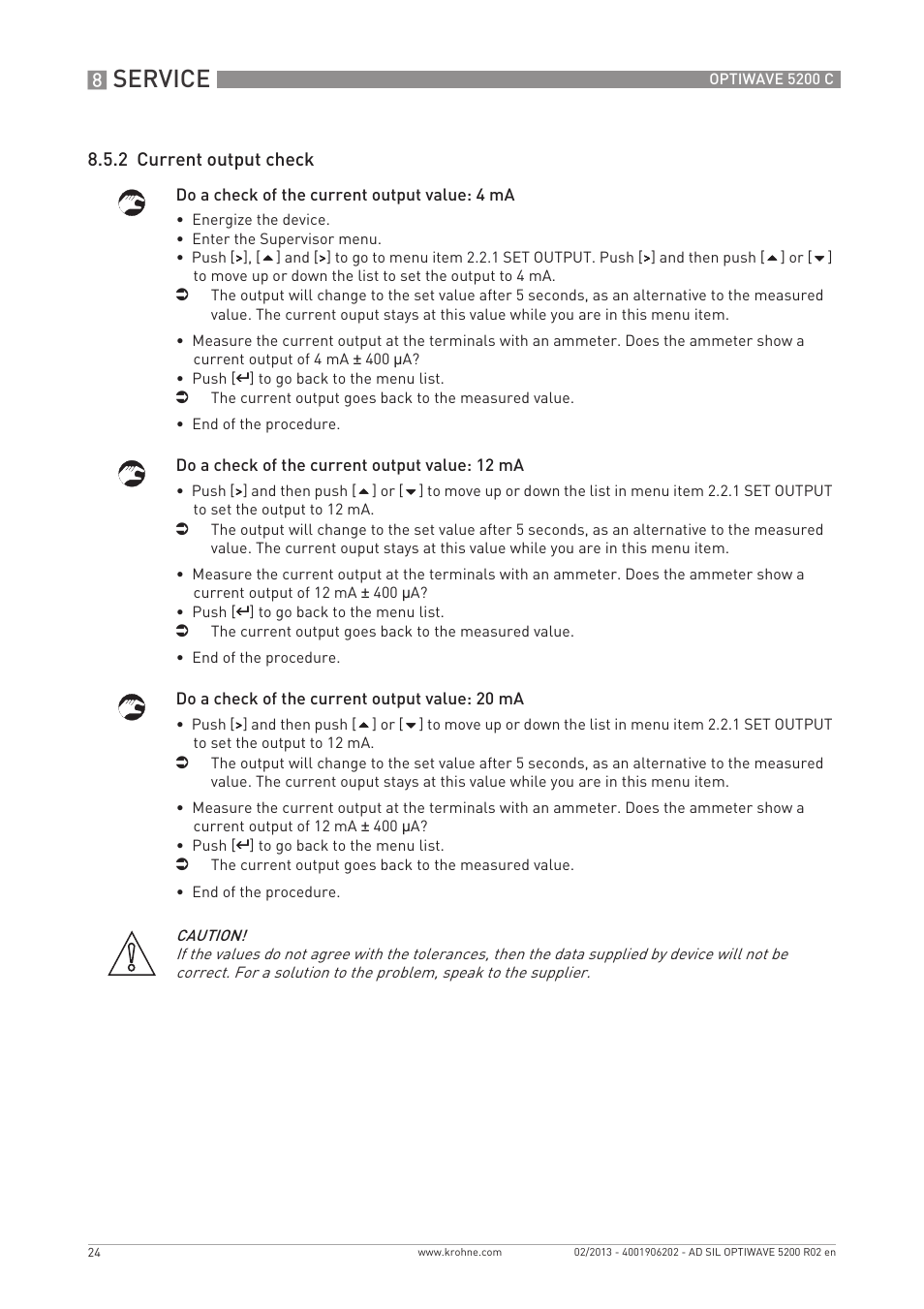 Service, 2 current output check | KROHNE OPTIWAVE 5200C SIL User Manual | Page 24 / 36