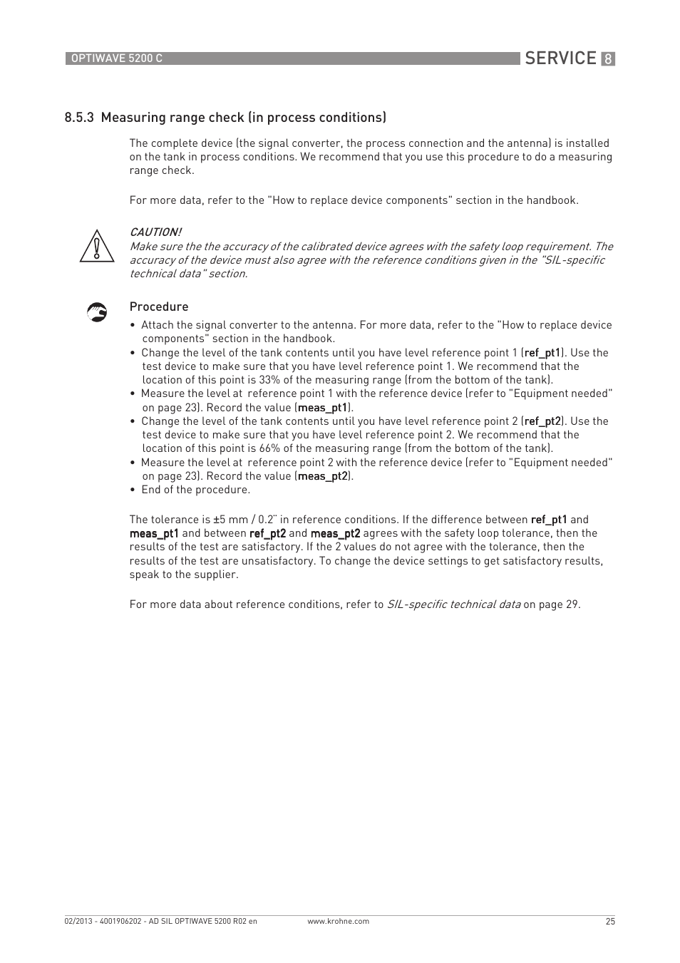 Service, 3 measuring range check (in process conditions) | KROHNE OPTIWAVE 5200C SIL User Manual | Page 25 / 36