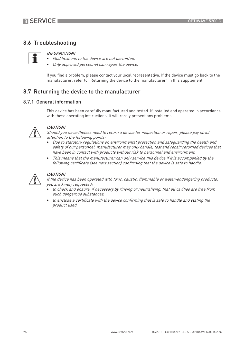 Service, 6 troubleshooting, 7 returning the device to the manufacturer | KROHNE OPTIWAVE 5200C SIL User Manual | Page 26 / 36