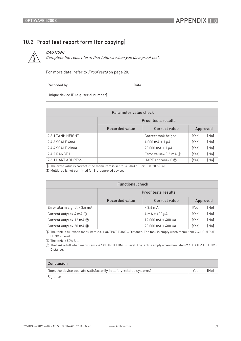 Appendix, 2 proof test report form (for copying) | KROHNE OPTIWAVE 5200C SIL User Manual | Page 33 / 36