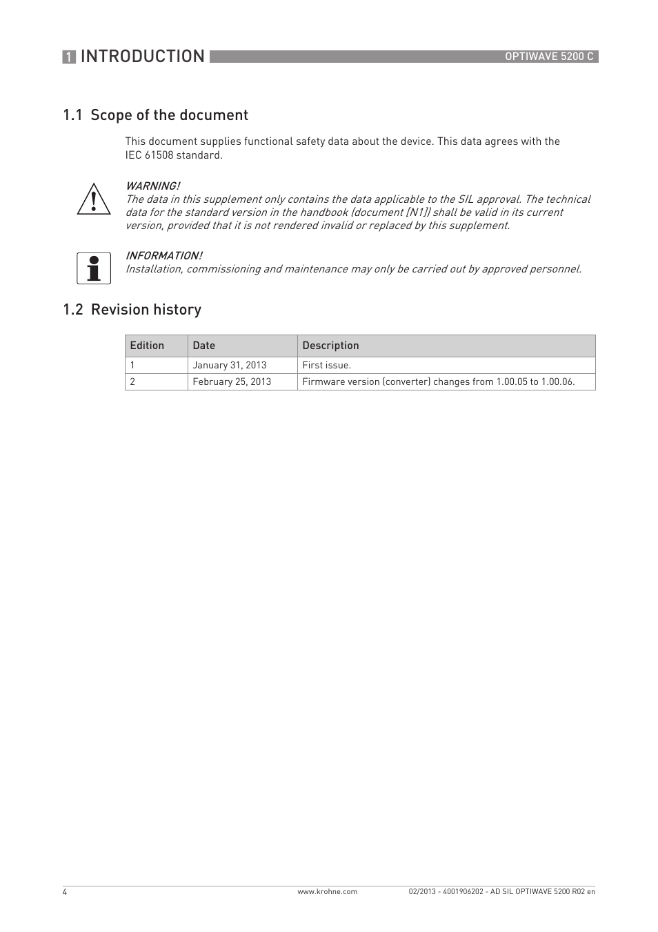 Introduction, 1 scope of the document, 2 revision history | KROHNE OPTIWAVE 5200C SIL User Manual | Page 4 / 36