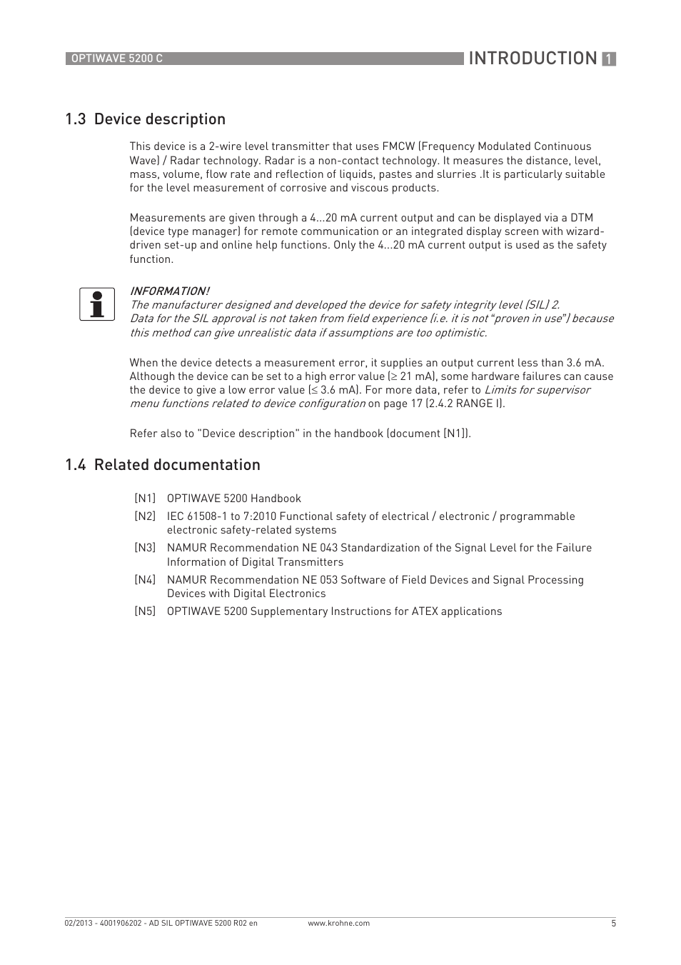 Introduction, 3 device description, 4 related documentation | KROHNE OPTIWAVE 5200C SIL User Manual | Page 5 / 36