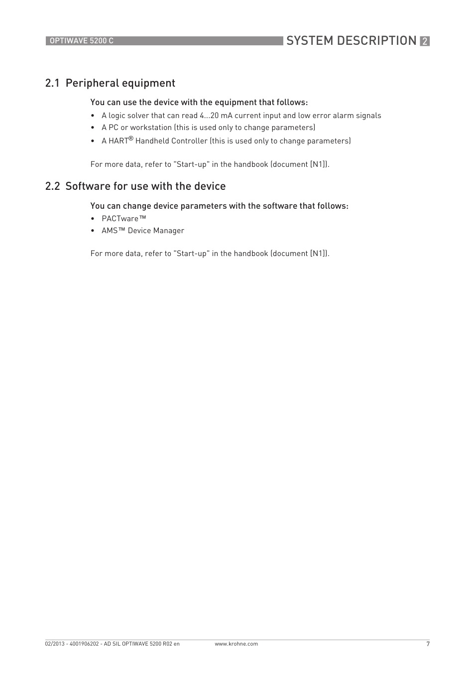 System description, 1 peripheral equipment, 2 software for use with the device | KROHNE OPTIWAVE 5200C SIL User Manual | Page 7 / 36