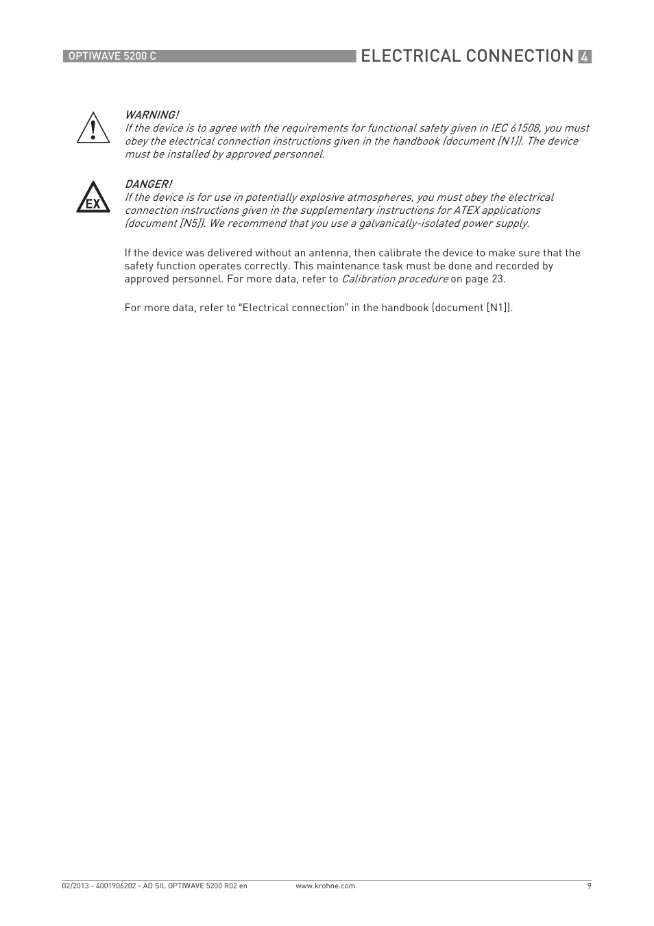 Electrical connection | KROHNE OPTIWAVE 5200C SIL User Manual | Page 9 / 36