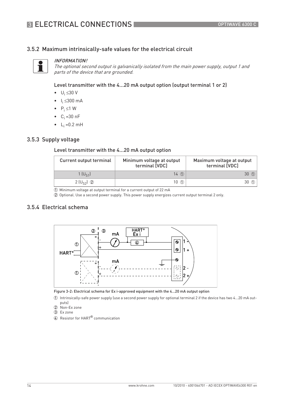 Electrical connections, 3 supply voltage, 4 electrical schema | KROHNE OPTIWAVE 6300 IECEx User Manual | Page 14 / 20