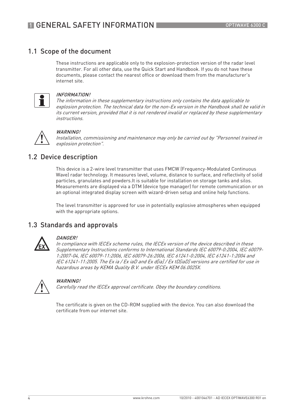 General safety information, 1 scope of the document, 2 device description | 3 standards and approvals | KROHNE OPTIWAVE 6300 IECEx User Manual | Page 4 / 20