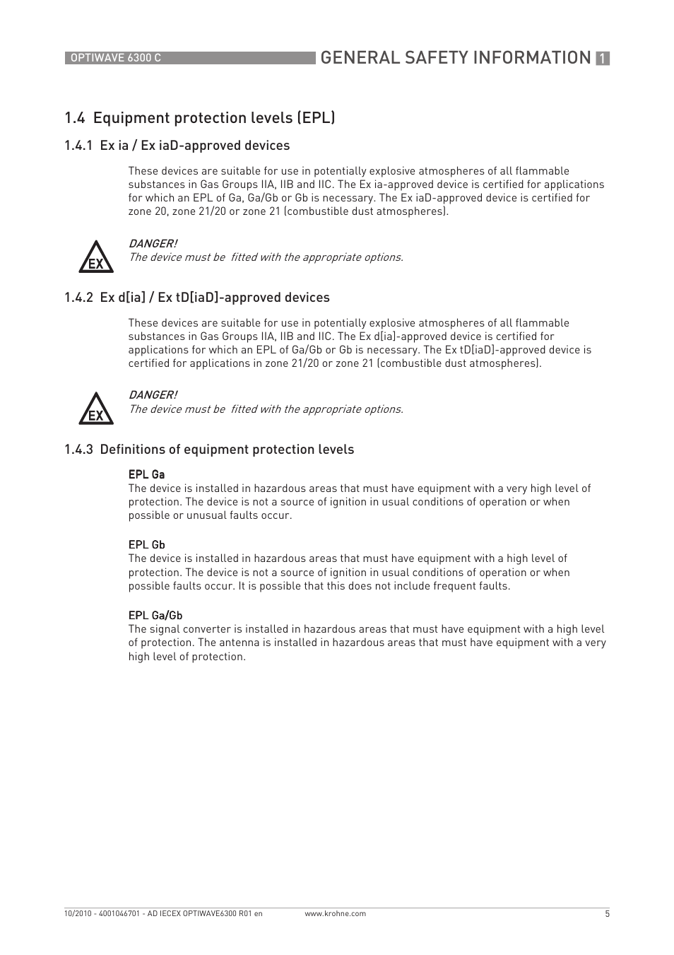 General safety information, 4 equipment protection levels (epl) | KROHNE OPTIWAVE 6300 IECEx User Manual | Page 5 / 20