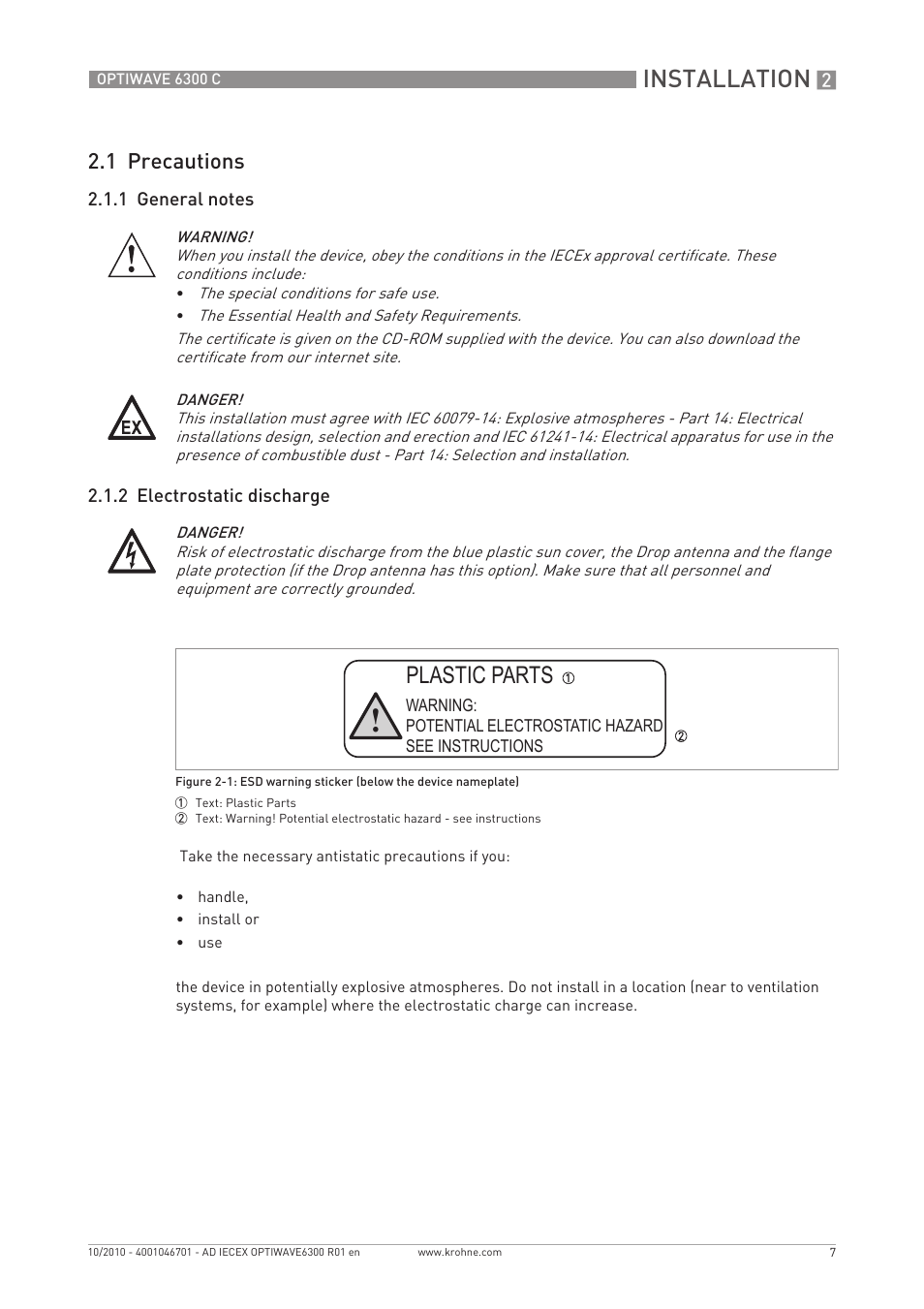 Installation, Plastic parts, 1 precautions | KROHNE OPTIWAVE 6300 IECEx User Manual | Page 7 / 20