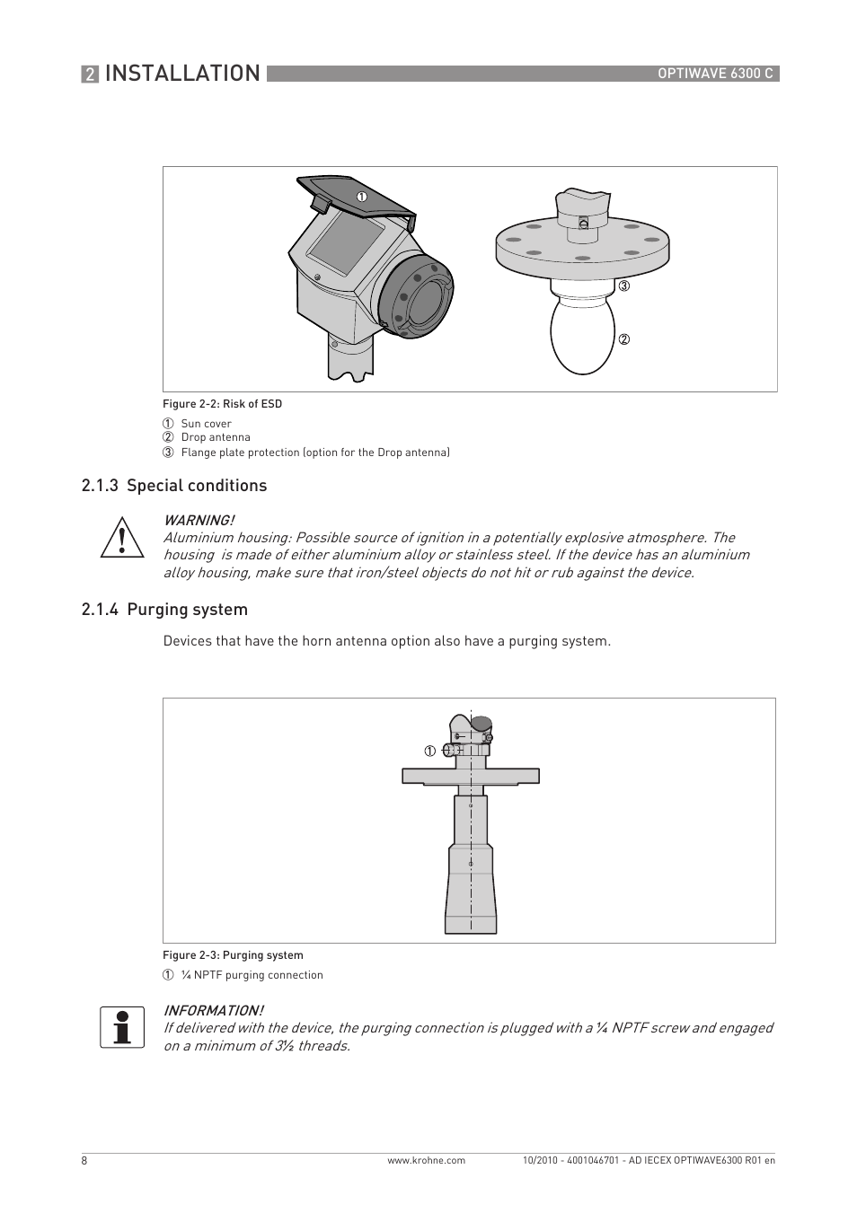 Installation, 3 special conditions 2.1.4 purging system | KROHNE OPTIWAVE 6300 IECEx User Manual | Page 8 / 20