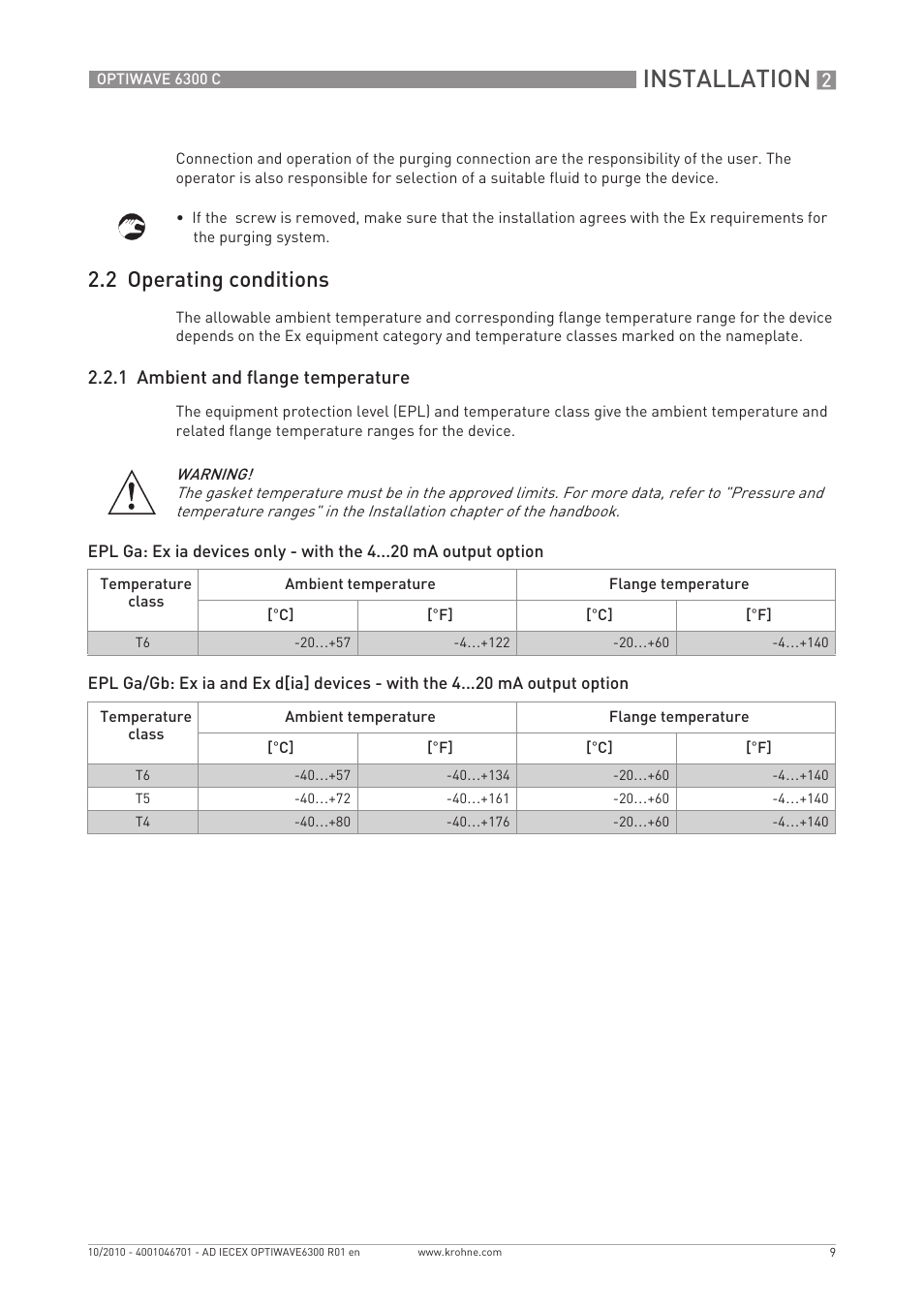 Installation, 2 operating conditions, 1 ambient and flange temperature | KROHNE OPTIWAVE 6300 IECEx User Manual | Page 9 / 20