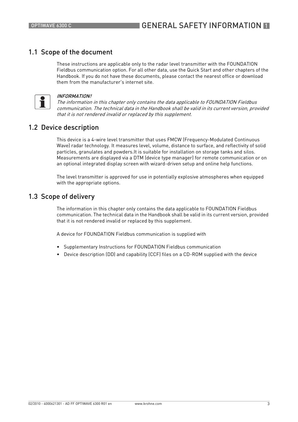 1 scope of the document, 2 device description, 3 scope of delivery | General safety information | KROHNE OPTIWAVE 6300C FOUNDATION FIELDBUS User Manual | Page 3 / 12