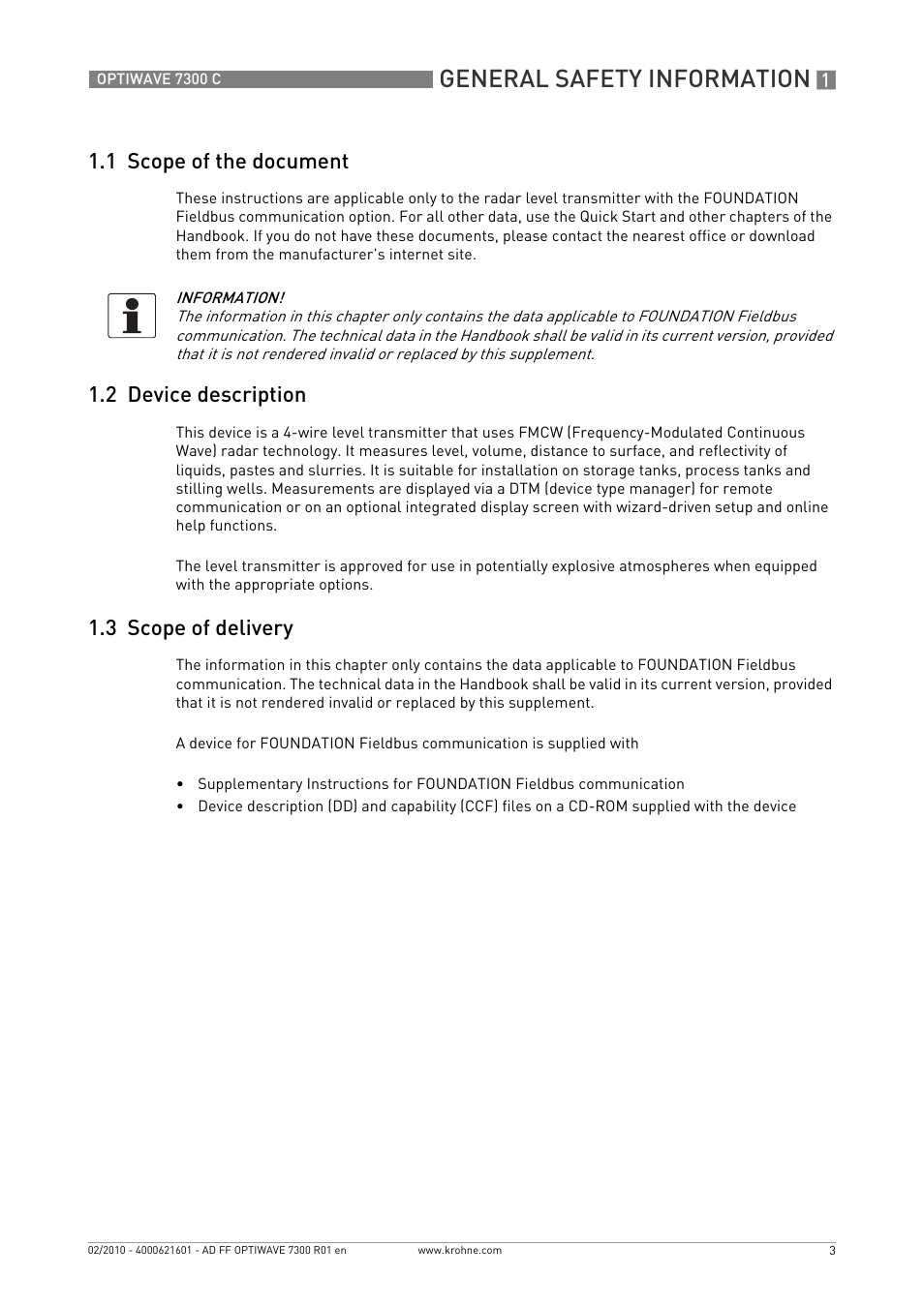 1 scope of the document, 2 device description, 3 scope of delivery | General safety information | KROHNE OPTIWAVE 7300C FOUNDATION FIELDBUS User Manual | Page 3 / 12