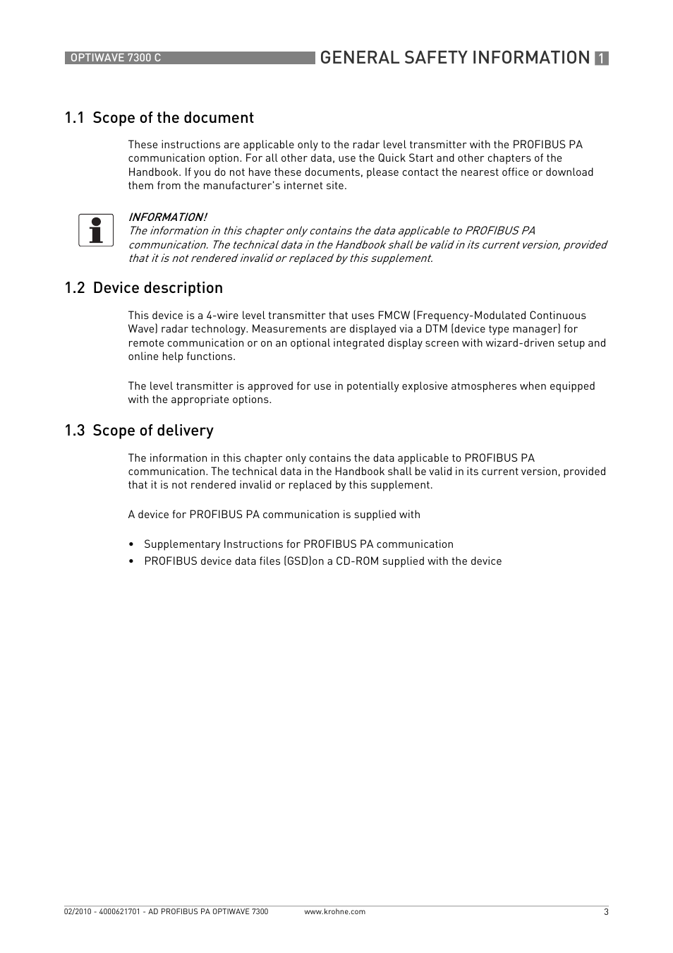 1 scope of the document, 2 device description, 3 scope of delivery | General safety information | KROHNE OPTIWAVE 7300C PROFIBUS PA User Manual | Page 3 / 12