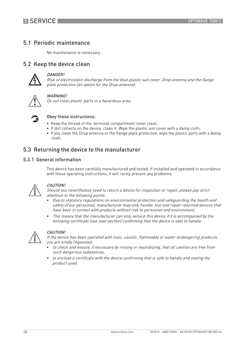 Service, 1 periodic maintenance, 2 keep the device clean | 3 returning the device to the manufacturer | KROHNE OPTIWAVE 7300 IECEx User Manual | Page 18 / 20
