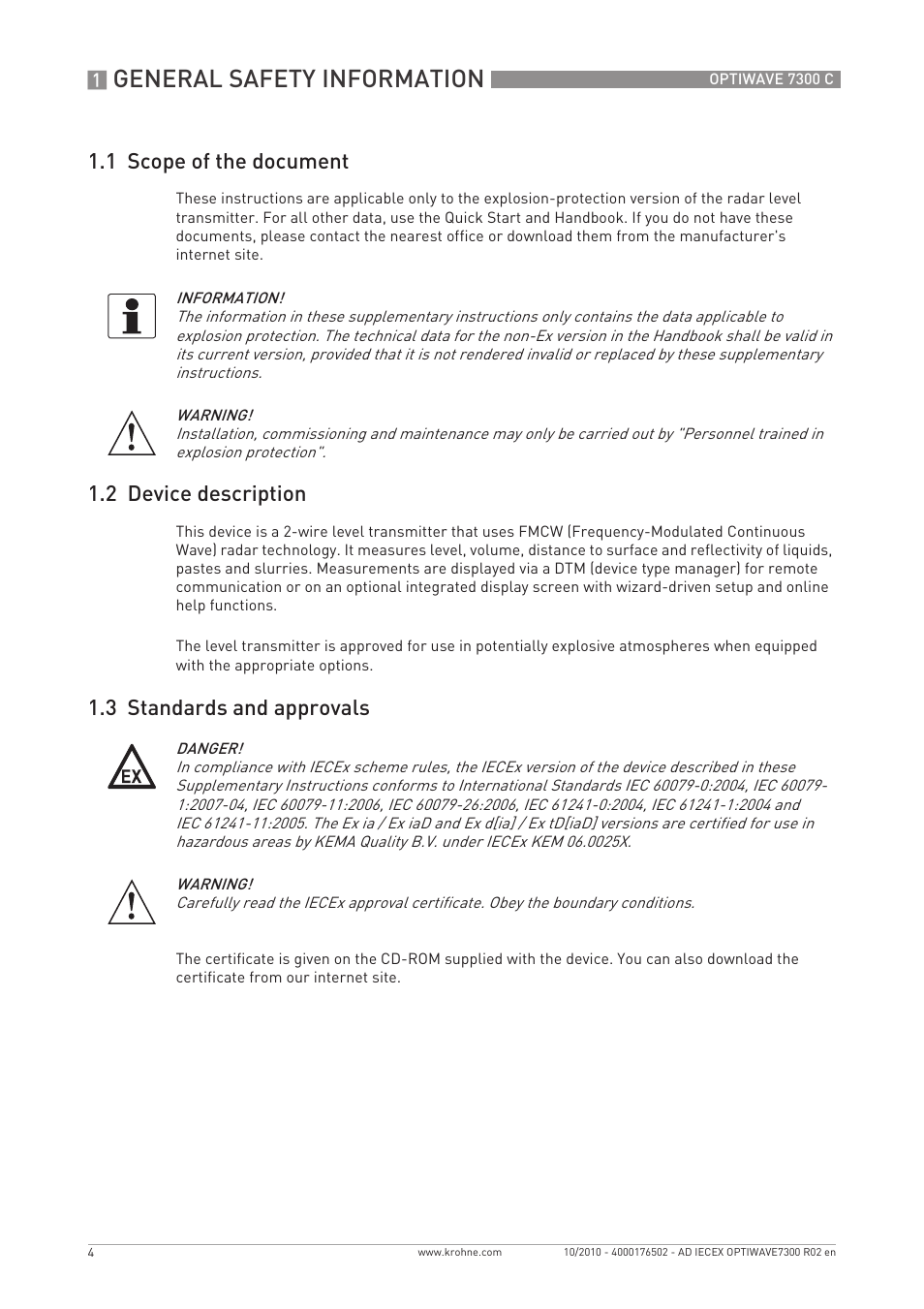 General safety information, 1 scope of the document, 2 device description | 3 standards and approvals | KROHNE OPTIWAVE 7300 IECEx User Manual | Page 4 / 20