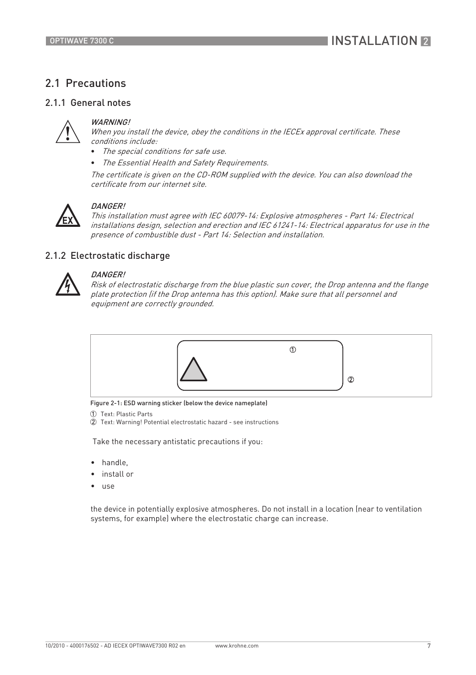 Installation, Plastic parts, 1 precautions | KROHNE OPTIWAVE 7300 IECEx User Manual | Page 7 / 20