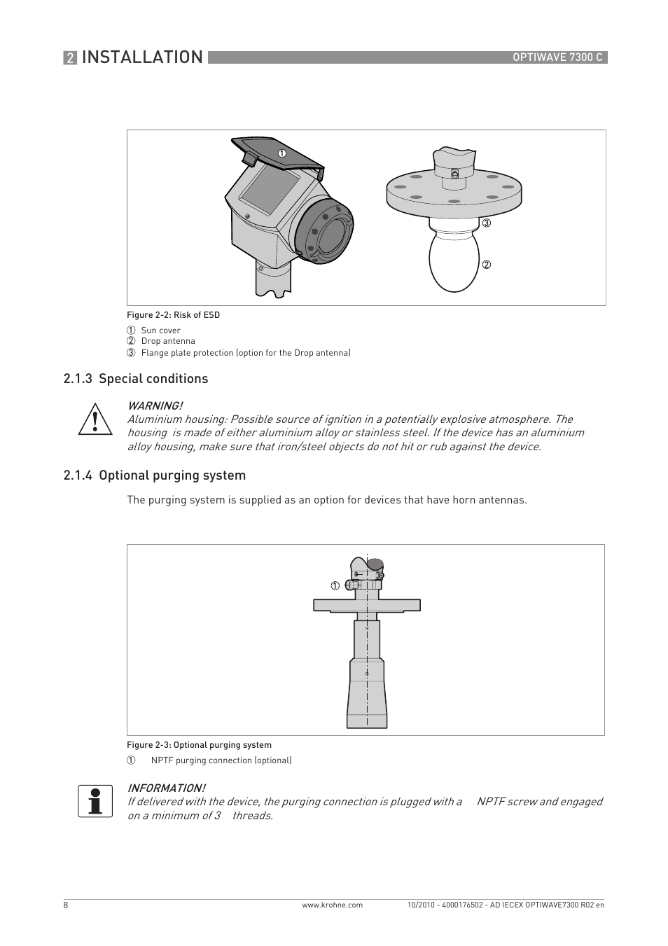 Installation, 3 special conditions 2.1.4 optional purging system | KROHNE OPTIWAVE 7300 IECEx User Manual | Page 8 / 20