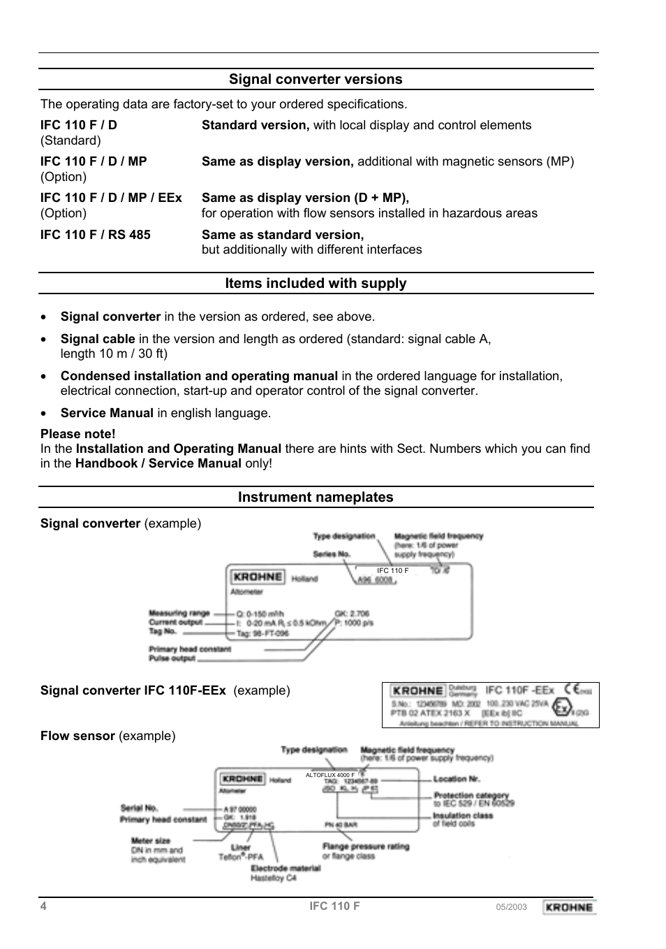 Signal converter versions, Items included with supply, Instrument nameplates | KROHNE IFC 110 Converter User Manual | Page 4 / 104