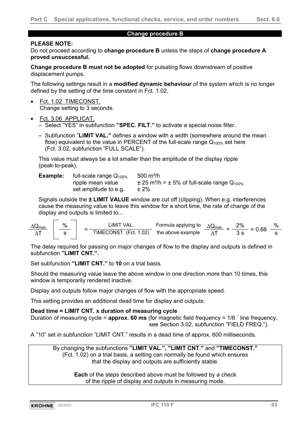 Change procedure b, Fct. 1.02 timeconst. change setting to 3 seconds, Set here (fct. 3.02, subfunction ”full scale”) | Example: full-scale range q, Set amplitude to e.g. ± 2, 2% % ∆t s, T 3 s = 0.66 s | KROHNE IFC 110 Converter User Manual | Page 63 / 104