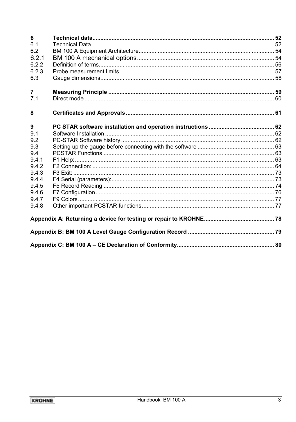 KROHNE BM 100A Handbook User Manual | Page 3 / 84